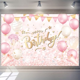 Pink Happy Birthday Banner Backdrop Pink and Rose Gold Happy Birthday Party Decorations Supplies for Women and Girls Happy Birthday Banner Baby Shower Sweet 16 Photography Background 5x3ft