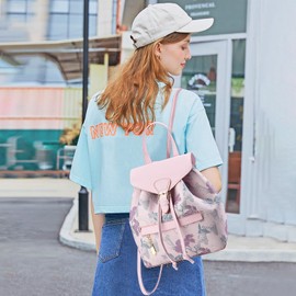 NICOLE & DORIS Fashion Mini Backpacks Women Backpack Flowers Small Cute Backpacks Anti Theft Rucksack Girls Daypack PU Leather Handbag Backpack with Flap Pink