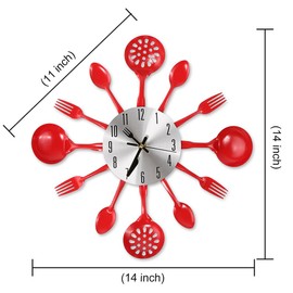 CIGERA 14" Kitchen Cutlery Wall Clock with Forks and Spoons for Home Decor,Red