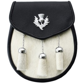 White Scottish Highland Thistle Leather Sporran With 3 Tassels