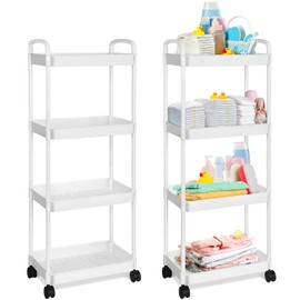 Barydat Baby Diaper Caddy Organizer, Rolling Plastic Movable Diaper Cart Essentials Baby Diapers Storage Organizer Newborn Nursery Essentials for Changing Tables, Crib, Baby Wipes (White,4 Tiers)
