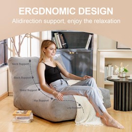 Stmoze Bean Bag Chairs for Adults, Memory Foam Bean Bag Chair, Spacious Single Sofa, Ergonomic Support Reading Floor Sofa Chair with Filler, Comfy Cozy Beanbag Couch for Bedroom Living Room (Grey)