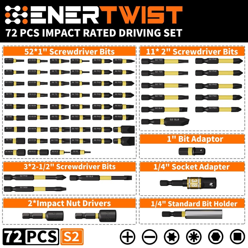 ENERTWIST 72 Pcs Impact Driver Bit Set,Complete S2 Screwdriver Bit