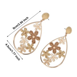 Hollow Raffia Flower Earrings for Women, Large Floral Teardrop Dangle Earrings Boho Rattan Ear Rings Stylish Summer Tropical Beach Jewelry Gifts