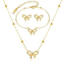 YANCHUN Bow Necklace Earrings Bracelet Gold Jewelry Set Trendy Bowknot Ribbon Choker Necklace for Women Bow Stuff for Christmas Dress Sweaters Shirts Stocking Stuffers Christmas Gifts 2025