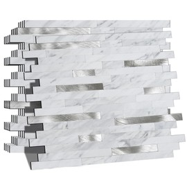 Eazart Peel and Stick Backsplash for Kitchen | Self-Adhesive Metal Silver White Marble Subway Tiles | Decorate Kitchen Laundry Fireplaces, 10PCS