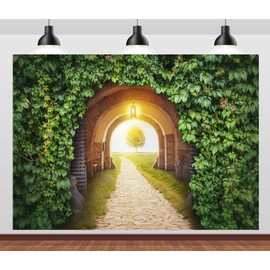 CORFOTO 9x6ft Fabric Mysterious Gate Entrance Backdrop Forest Arch Green Leaves Wall Gate Photography Background Gateway to The Paradise New Life Concept Photo Decor Photo Booth