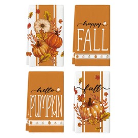 Artoid Mode Stripes Polka Dot Pumpkin Fall Kitchen Towels Dish Towels, 18x26 Inch Farmhouse Maple Leaves Autumn Decoration Hand Towels Set of 4