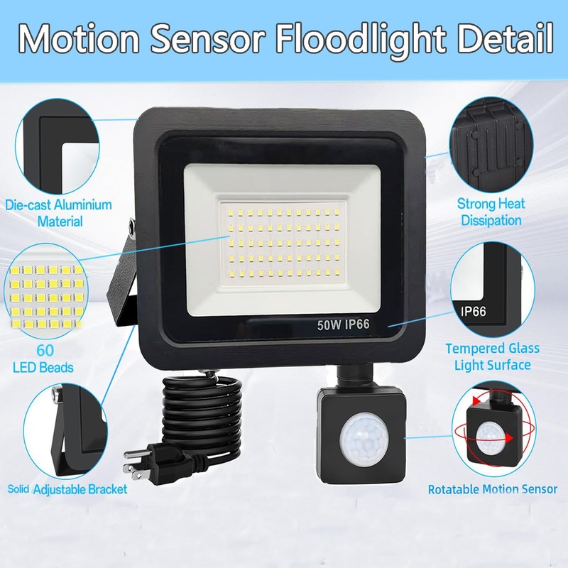 HANNAHONG LED Flood Light Outdoor,6500K Security Lights, Plug in Motion