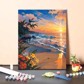 Noguez. Kit de Pintura con Números, Lienzo y Pinturas al Óleo para Pintar por Números, Kit para Pintar Paisaje Colorido sin Marco, Arte de Pared Pintado a Mano. (Flores y Playa)