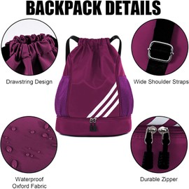 Mochila Deportiva con Cordón,Mochila de Cordón, Mochilas de Cuerdas con Compartimento de Zapatos y Bolsa de cuerdas Impermeable Morral Deportivo para Mujer Hombre Adolescente (Púrpura)