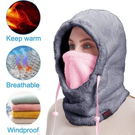 Purjoy Warm Fleece Balaclava Wind-Resistant Winter Face Mask,Soft Ski Mask for Women and Men,Face Cover Hat Cap Scarf Neck Warmer(Gray/Pink)