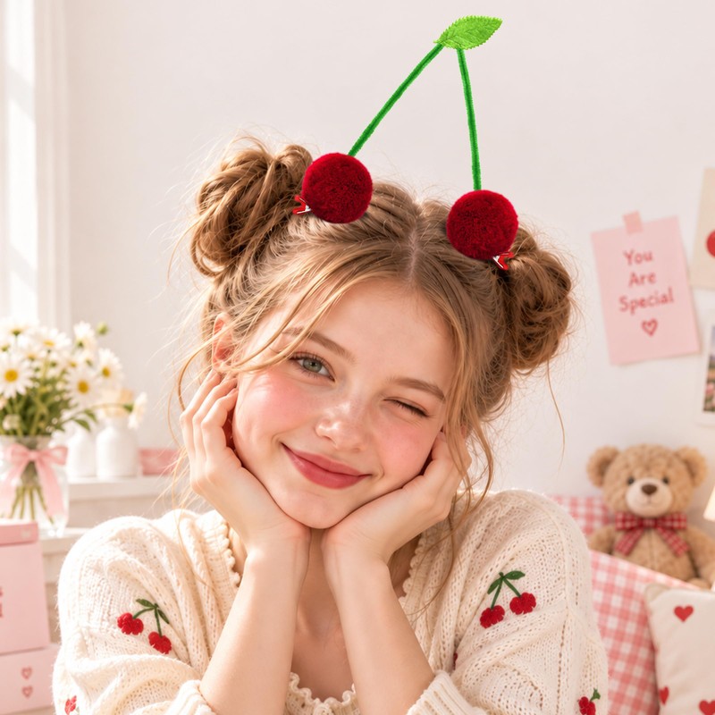 4PCS Cherry Hair Clips Pom Pom Cherry Bun Accessories
