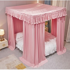VETHIN Elastic Roof Style Four Corner Post Princess Bed Canopy Curtains Cozy Breathable Tent Canopy Mosquito Net for Girls & Adults Bedroom Decoration (Pink, 70-78" W*86" L*82"*H/(King))