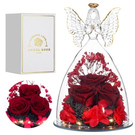 Tiaronics Mothers Day Rose Gifts Glass Angel Figurine with Three Roses Gifts, Preserved Forever Real Rose Gifts for Women, Angel Guardian with Rose for Mothers Day - Wine Red