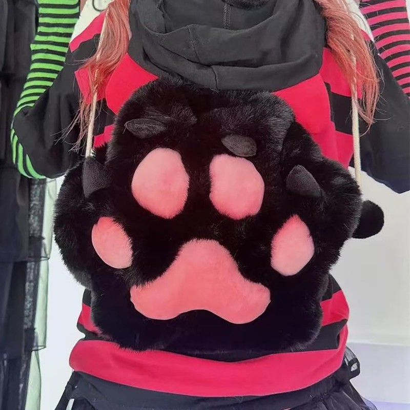 GUFER Cat Paw Shaped Backpack, Fluffy, Cat Hand, Plush Bag,
