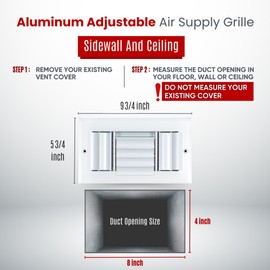 Fits 8x4 Duct Opening Aluminum 3-Way Adjustable Air Supply Grille by Handua | Curved Blade Register Vent Cover for Sidewall & Ceiling | White | Outer Size: 9.75" X 5.75"