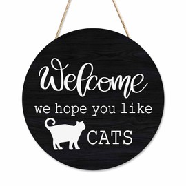 Beabes Welcome Sign for Front Door Welcome We Hope You Like Cats 12In Wooden Wreath Wall Hanging Sign for Indoor Outdoor Seasonal Decor