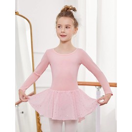 Arshiner Girls Ballet Leotard with Shiny Skirt Long Sleeve Criss-Cross Back Dance Dresses,Ballet Pink,6-7Y
