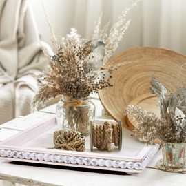 HPC Decor 12in Square Decorative Tray for Home Decor- White Wood Beaded Tray- Decorative Square Tray for Living Room Decor, Coffee Table Decor, Kitchen Table Decor or Farmhouse Serving Tray