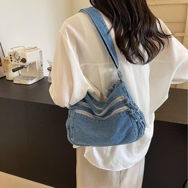 Large Denim Purses for Women Retro Denim Tote Bag Multi-Pocket Casual Crossbody Lightweight Shoulder Bag Canvas Handbags for Daily Use & Travel​ light Blue