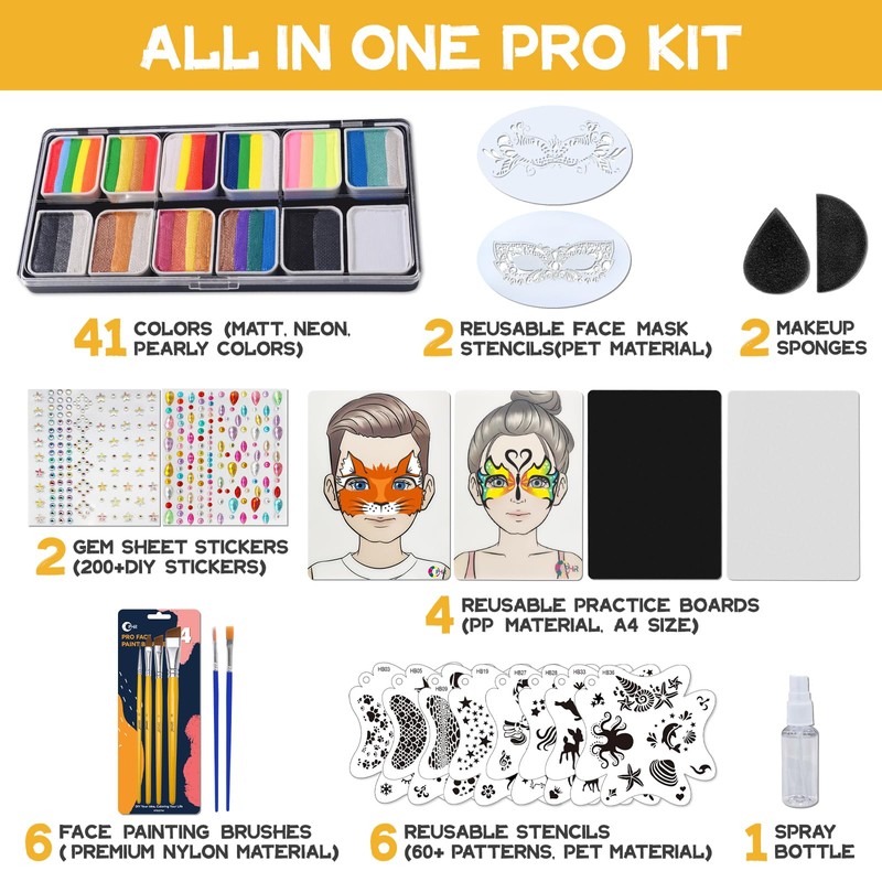 OPHIR 41 Colors Face Painting Kit Professional, 5.14 oz Water