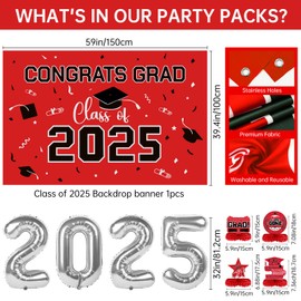Graduation Decorations Class of 2025, Red Themed 2025 Graduation Party Decorations Include Graduation Banner, Grad Backdrop, Balloons Kit, Foil Number 2025 for Congrats Grad Party Supplies