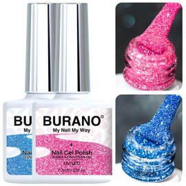 BURANO Pink Reflective Glitter Gel Nail Polish, 2 Bottles UV Sparkle Nail Polish Blue Gel, 7.3ml Holographic Glitter Polish Curing Need for Nail Salon Home DIY S5 S23