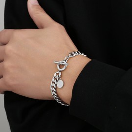 KRKC&CO Men's Curb Chain Bracelet with T Bar Clasp, 8 mm 14K Gold/White Gold Plated Stainless Steel Cuban Bracelets, Nickel-Free Rustproof Bracelet, Gifts for Women, Men, Boys, 19-21 cm