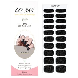 Semi-Cured Gel Nail Strips, Long-Lasting,UV Light Nail Stickers,20pcs,red,Black,Blue Galaxy,Leopard Print,Solid,Easy Apply & Remove, Salon-Quality Nail Decoration, Nail DIY (Black 129)