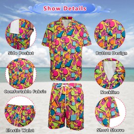 OPAEHJF Men's 80s 90s Outfit, 7 Pieces, 80s 90s Outfit, Retro Shirts and Shorts Set with Gold Chain Sunglasses, Fashion Sportswear for Fancy Dress, Disco Party, red