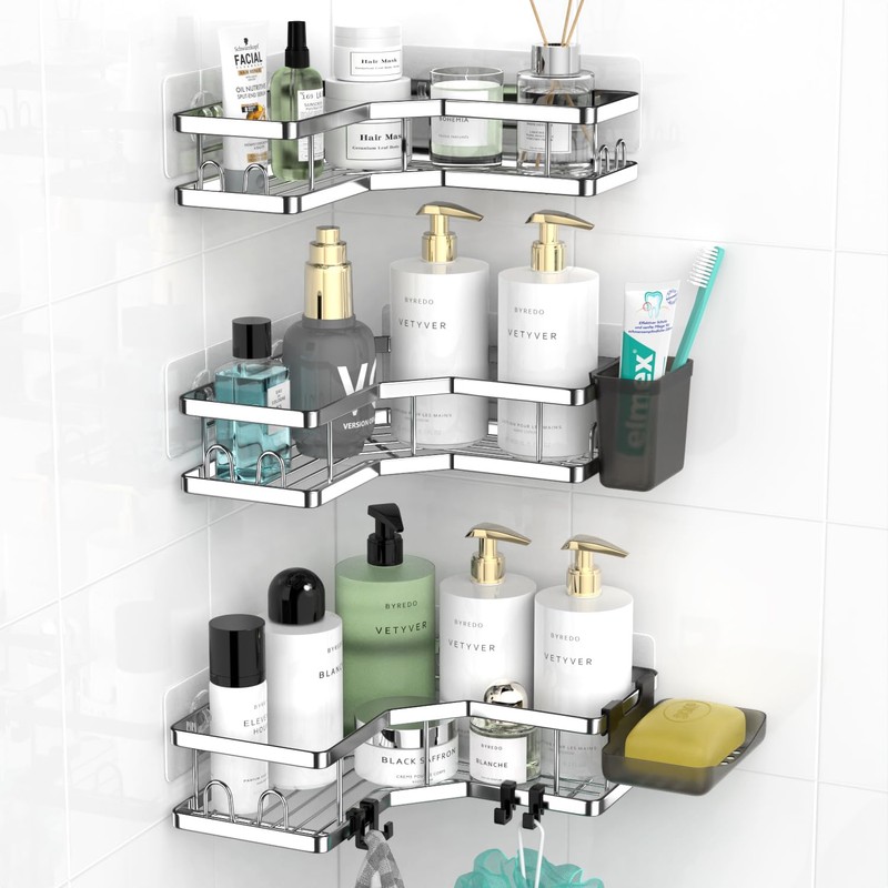 AKTECKE Corner Shower Caddy Bathroom Organizer: Adhesive Shower Rack Bathtub
