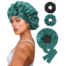 CHLINS CHLINS Reversible Satin Bonnet for Sleeping Women Double Layer Hair Bonnet with 2PCS Hair Scrunchies Elastic Tie Band Night Cap (Dark Green+Black)