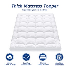 Queen Size Mattress Topper for Back Pain, Cooling Extra Thick Mattress Pad Cover with 8-21 inch Deep Pocket, Plush Pillow Top Mattress Topper Overfilled with Down Alternative, Queen Size, White