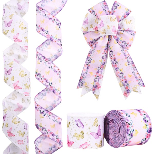 2 Rolls Spring Wired Ribbon Purple Floral Butterfly Ribbon Wired