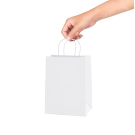 Sam Wrap Paper Bags with Handles 5.75”x3.75”x8 100 Pack Plain White Bags for Gifts, Party, Shopping. Bulk Pack Great for Retail and Merchandise