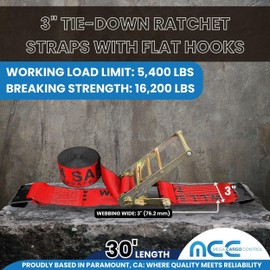 Mega Cargo Control 3" x 30' Ratchet Tie Down Strap with Flat Hooks | Hauling Straps w/ 18,000 LBS Breaking Strength | Tie Down Ratchet, Flatbed, Trailers, Pick up Truck (Red, 2-Pack)