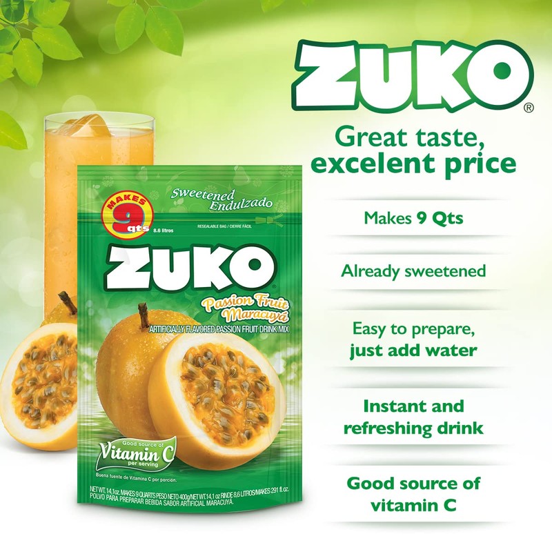 Zuko Passion Fruit Instant Powder Drink Family Pack, 14.1 oz,