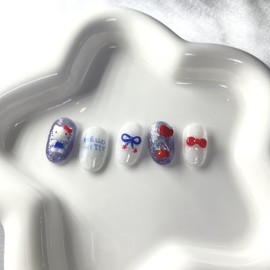 [Premium Handmade Nail Tips] Blue Ribbon Cat Nails - Oval / [프리미엄 수제 네일팁] 블루 리본 고양이 네일 - 오발