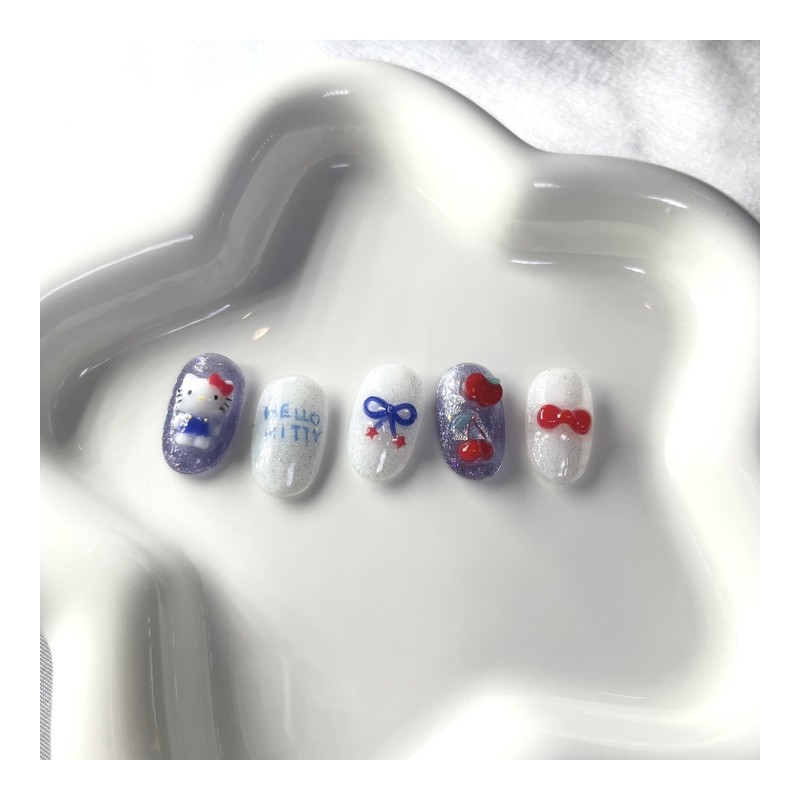 [Premium Handmade Nail Tips] Blue Ribbon Cat Nails - Oval