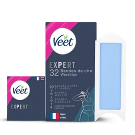 Veet Expert – 32 Kaltwachsstreifen Set für Beine, Trikot & Achseln – empfindliche Haut – perfekte Verarbeitung – langanhaltende Haarentfernung