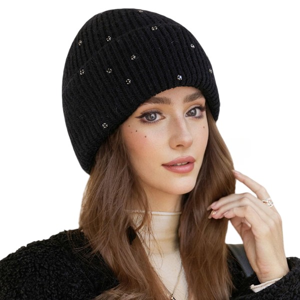 Caviotess Warm Wool Beanie Hats for Women Girls Sparkly Rhinestones