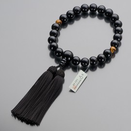 Butsudanya Takita Shoten Prayer Beads, Men's, Ebony (Glossy), 2 Tiers, Tiger Eye Stones, 22 Balls, Pure Silk Basso, Comes with a Bag of Prayer Beads, Can Be Used in All Sects, Kyoto Prayer Beads Certificates Included
