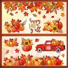 AnyDesign 6 Sheet Large Thanksgiving Happy Fall Y’All Window Clings Autumn Pumpkin Maple Leaves Fall Truck Window Decals Fall Harvest Double-Sided Reusable PVC Stickers for Home School Party Supplies
