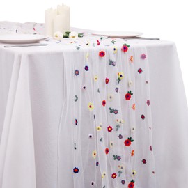 1 camino de mesa de verano con margaritas de marfil, bordado, primavera, 10 pies, flores de temporada, tul, día festivo, cumpleaños, cocina, comedor, decoración para fiestas en casa