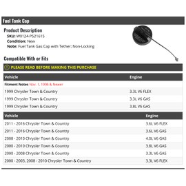 Fuel Tank Gas Cap with Tether - Non-Locking - Compatible with 1999-2016 Chrysler Town and Country (From 11/1998)
