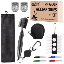 Golf Club Accessory Set,Golf Cleaning Kit with Golf Towel,Club Brush, 2 Golf Line Stencils,4 Permanent Markers,Tee Holder,Putting Alignment Marker,Golf Ball Cleaning Pouch