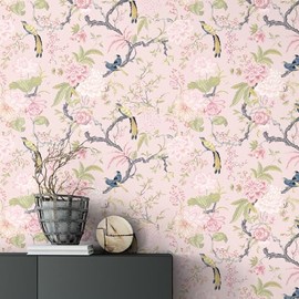 Drydiet Chinoiserie Peel and Stick Wallpaper Removable Self Adhesive Wallpaper Floral Birds Contact Jacobean Vintage Contact Paper for Bedroom(15.75" X 118",A,Blush)