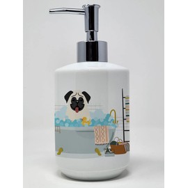 Caroline's Treasures WDK5701SOAP Cream Pug in Bathtub Ceramic Soap Dispenser Hand Soap Dispenser Pump Bottles for Bathroom Kitchen, Empty Refillable Liquid Soap Container