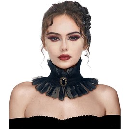 L'VOW Ruffle Neck Collar Renaissance Classic Costume Victorian Mesh Choker with Gem for Women(Black)
